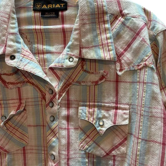 Ariat Woman’s Pastel Plaid Pearl Snap Western Shirt Embroidered Raw Hem Size XL - Picture 2 of 7